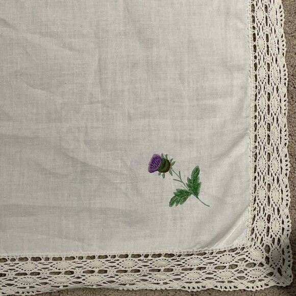Vintage Embroidered Table Cover Tablecloth Purple Flowers 40X40 Crochet Trim - Picture 3 of 10